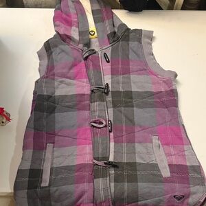 Roxy Pink and Gray Plaid Hooded Vest